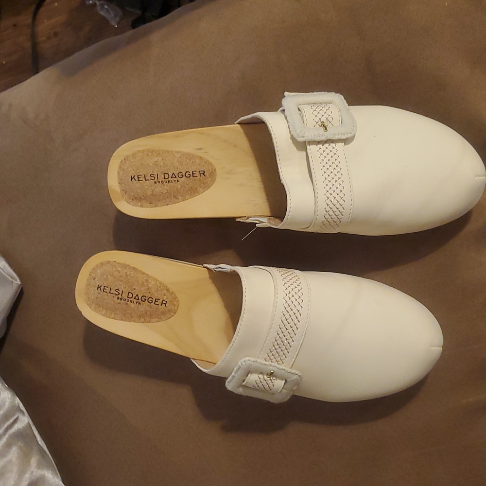 Kelsi Dagger Cream Mules with Buckle Detail